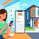 Ilustrasi horizontal seorang wanita di kafe memantau keamanan rumah dari jarak jauh menggunakan aplikasi Tuya Smart di smartphone, yang terhubung dengan smart lock pintu rumah secara nirkabel.