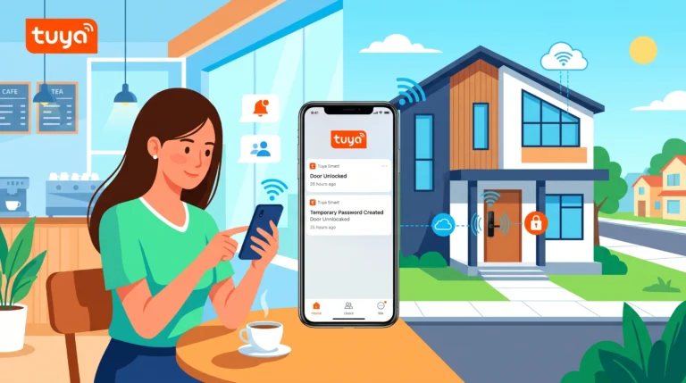 Ilustrasi horizontal seorang wanita di kafe memantau keamanan rumah dari jarak jauh menggunakan aplikasi Tuya Smart di smartphone, yang terhubung dengan smart lock pintu rumah secara nirkabel.