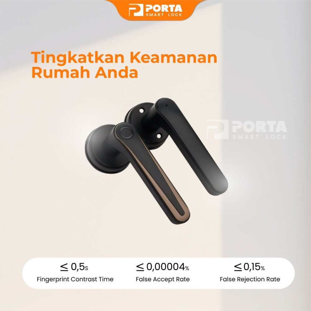 Ilustrasi tingkat akurasi sensor sidik jari canggih pada Porta Smart Lock PS0700 yang memiliki FAR kurang dari 0,00004% dan FRR 0,15% untuk keamanan rumah.