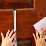 Ilustrasi panduan cara mengukur ketebalan pintu menggunakan meteran untuk memastikan ukurannya memenuhi standar 3,5 cm hingga 5 cm sebelum memasang Porta Smart Lock.