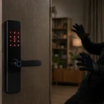 Keypad Porta Smart Lock NB2100 berbunyi alarm saat sistem mendeteksi kesalahan password.