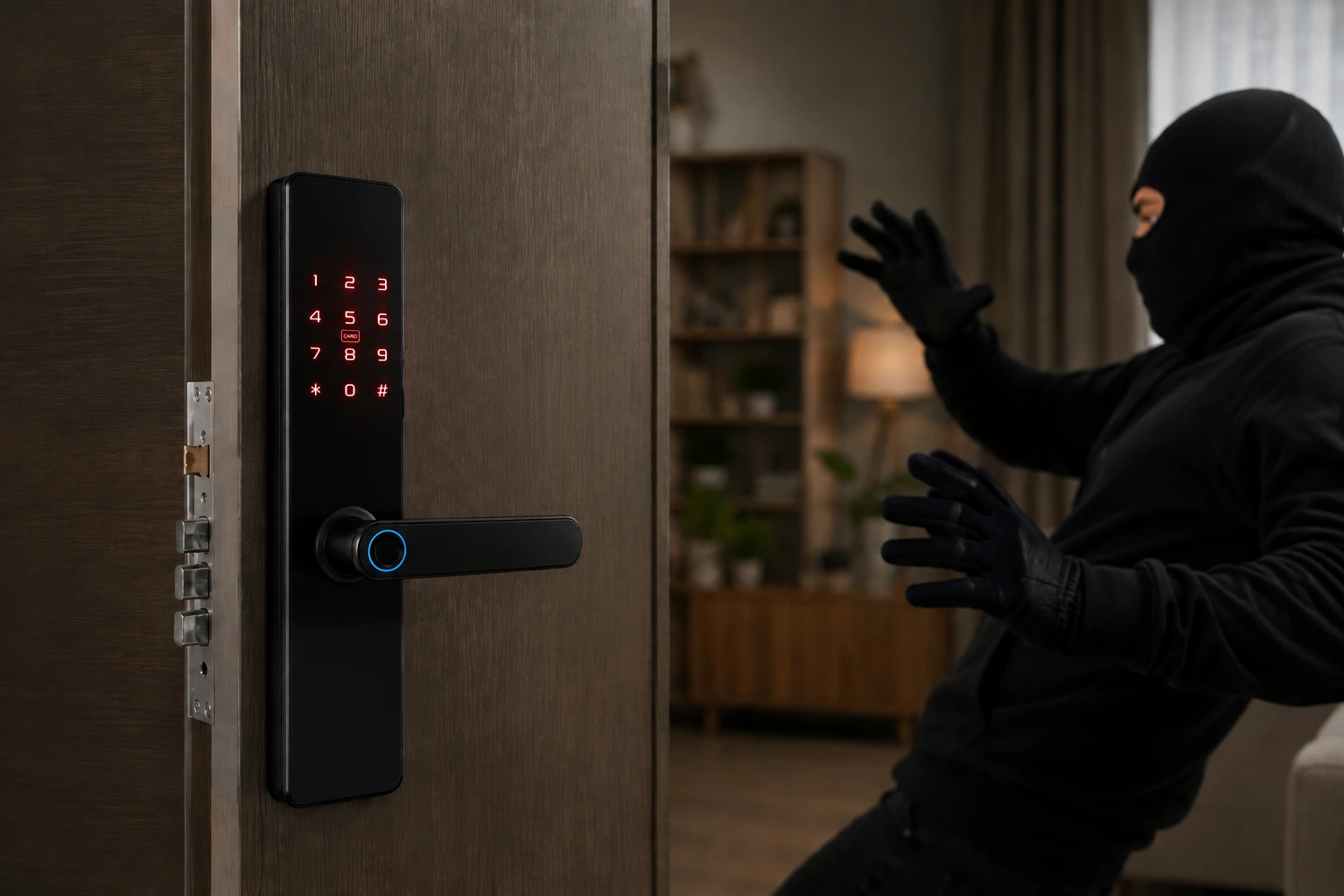 Keypad Porta Smart Lock NB2100 berbunyi alarm saat sistem mendeteksi kesalahan password.