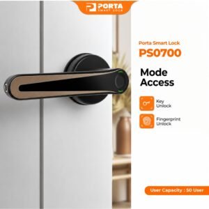 Perangkat Porta Smart Lock PS0700 warna cream berbahan Zinc Alloy kokoh yang dilengkapi sensor sidik jari super cepat untuk sistem keamanan rumah modern
